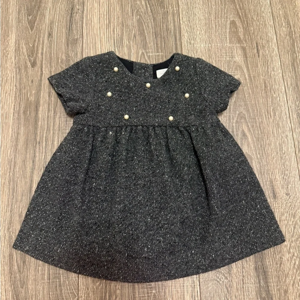 ZARA Baby Girl Dark Gray Tweed Dress Pearl Embellished Size 9-12 months S/S